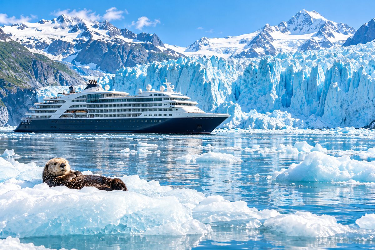 A cruise ship near the blue face of Hubbard Glacier in Alaska