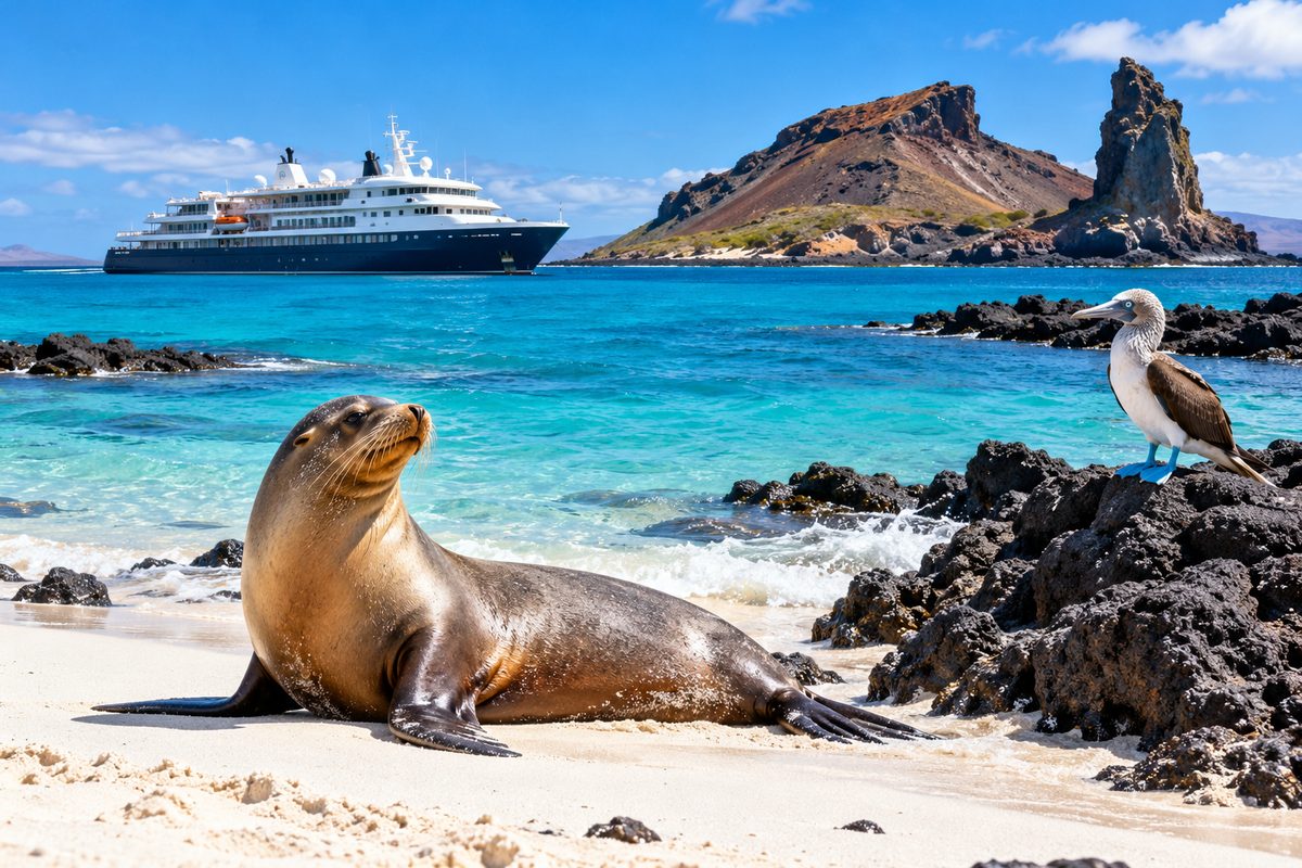 A sea lion on a white Gal&aacute;pagos beach, an expedition ship anchored offshore