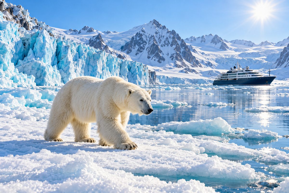 A polar bear on sea ice near a glacier in Svalbard